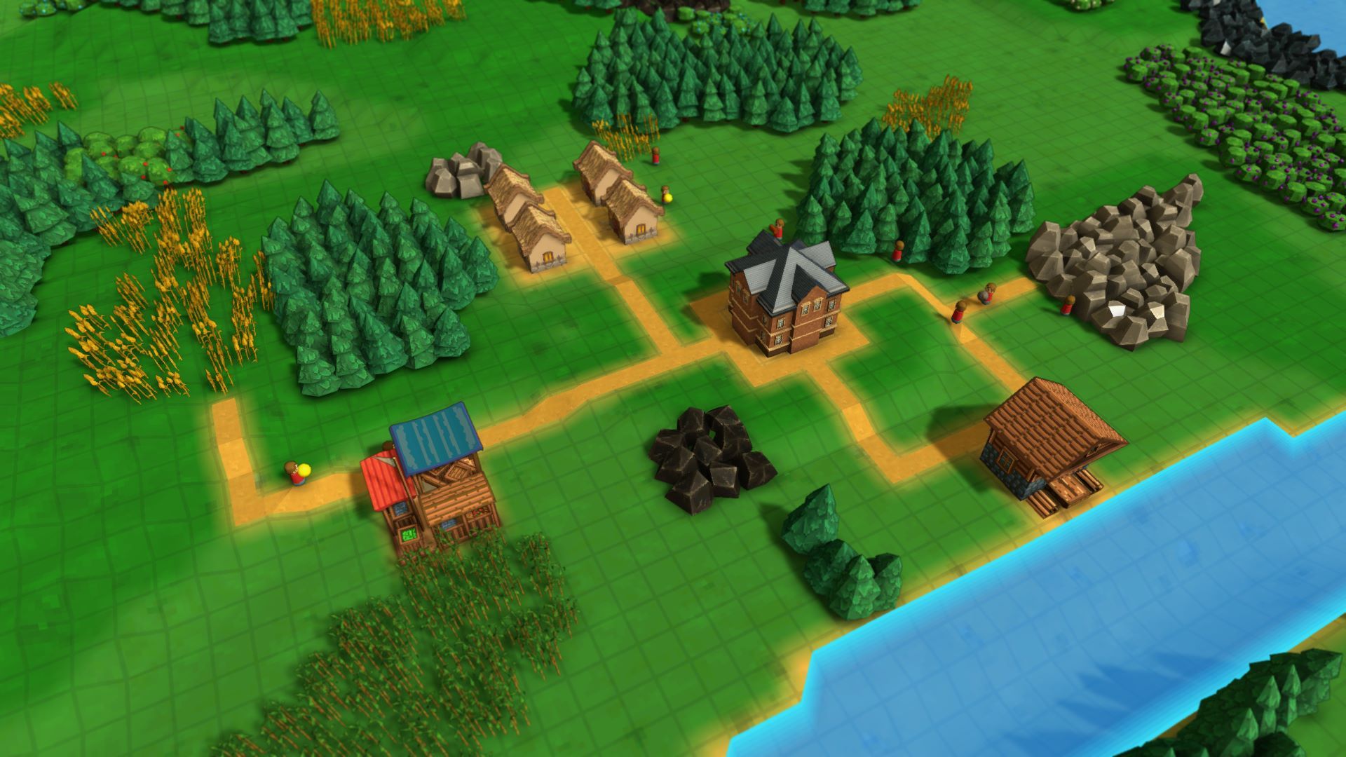 Small village in Factory Town with market place, houses and sawmill.