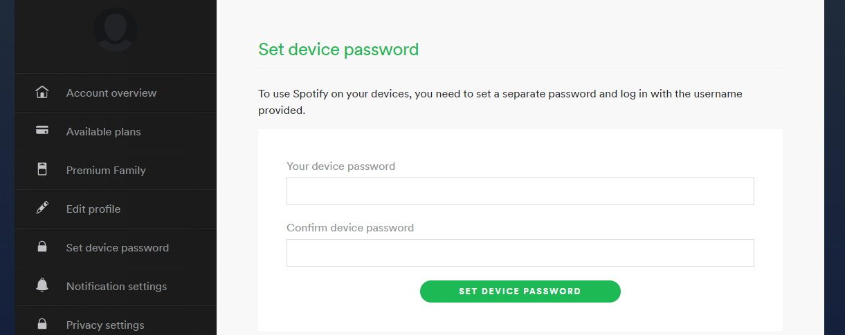 Setting a new device password in Spotify