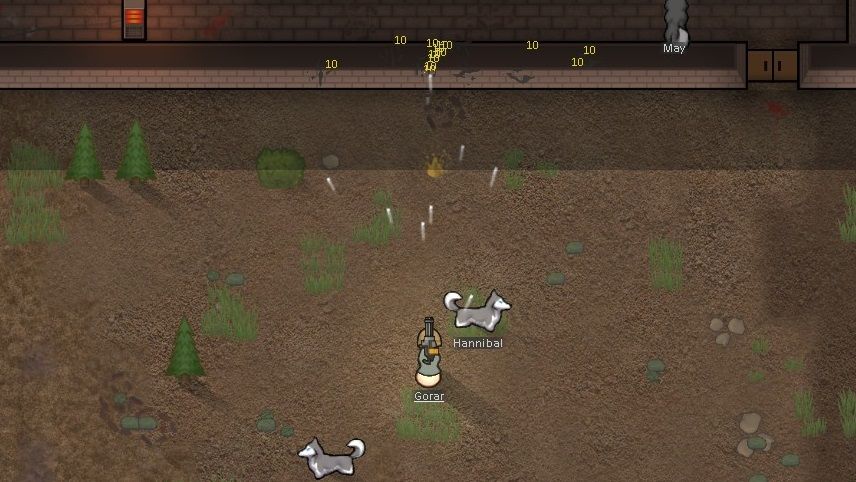 Colonist shooting a wall. Damage numbers pop up on the wall.
