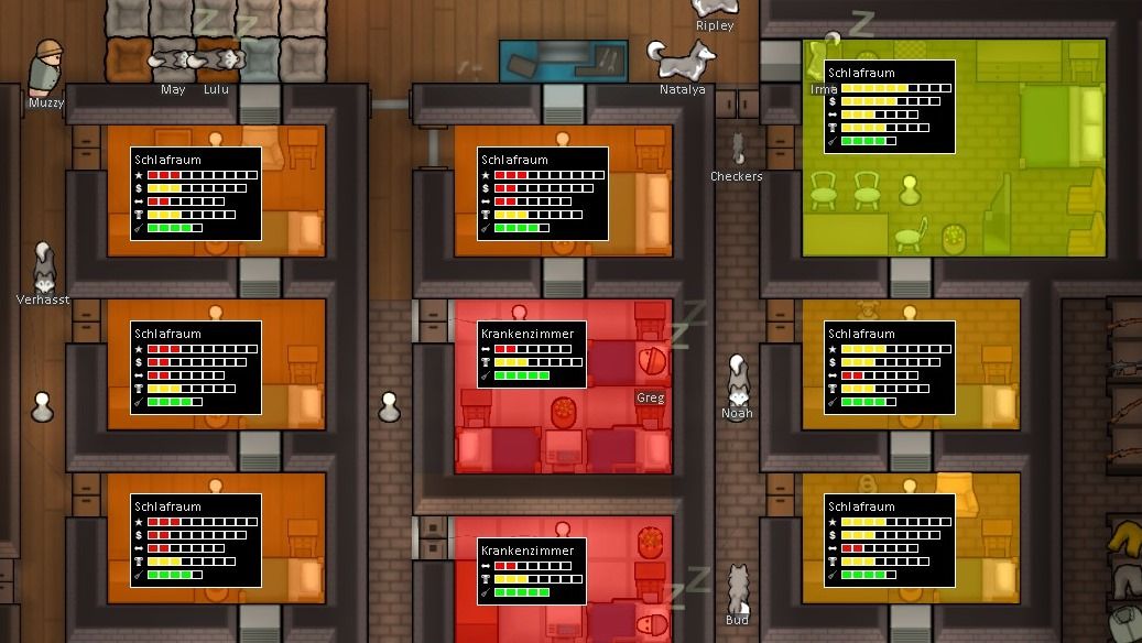 Different rooms in RimWorld with statistics from the Mod Room Sense.