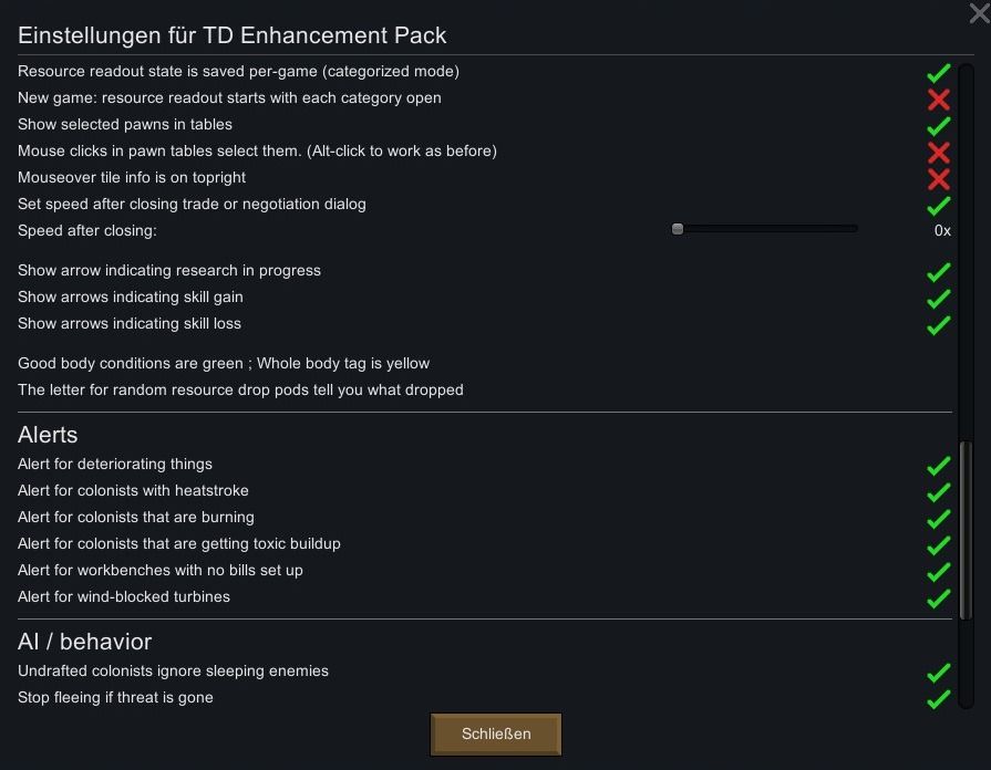 Overview of all settings of the Mod TD Enhancement Pack.