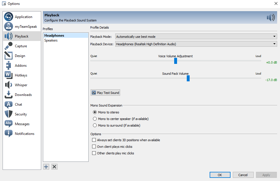 Teamspeak 3 Playback Settings on Windows