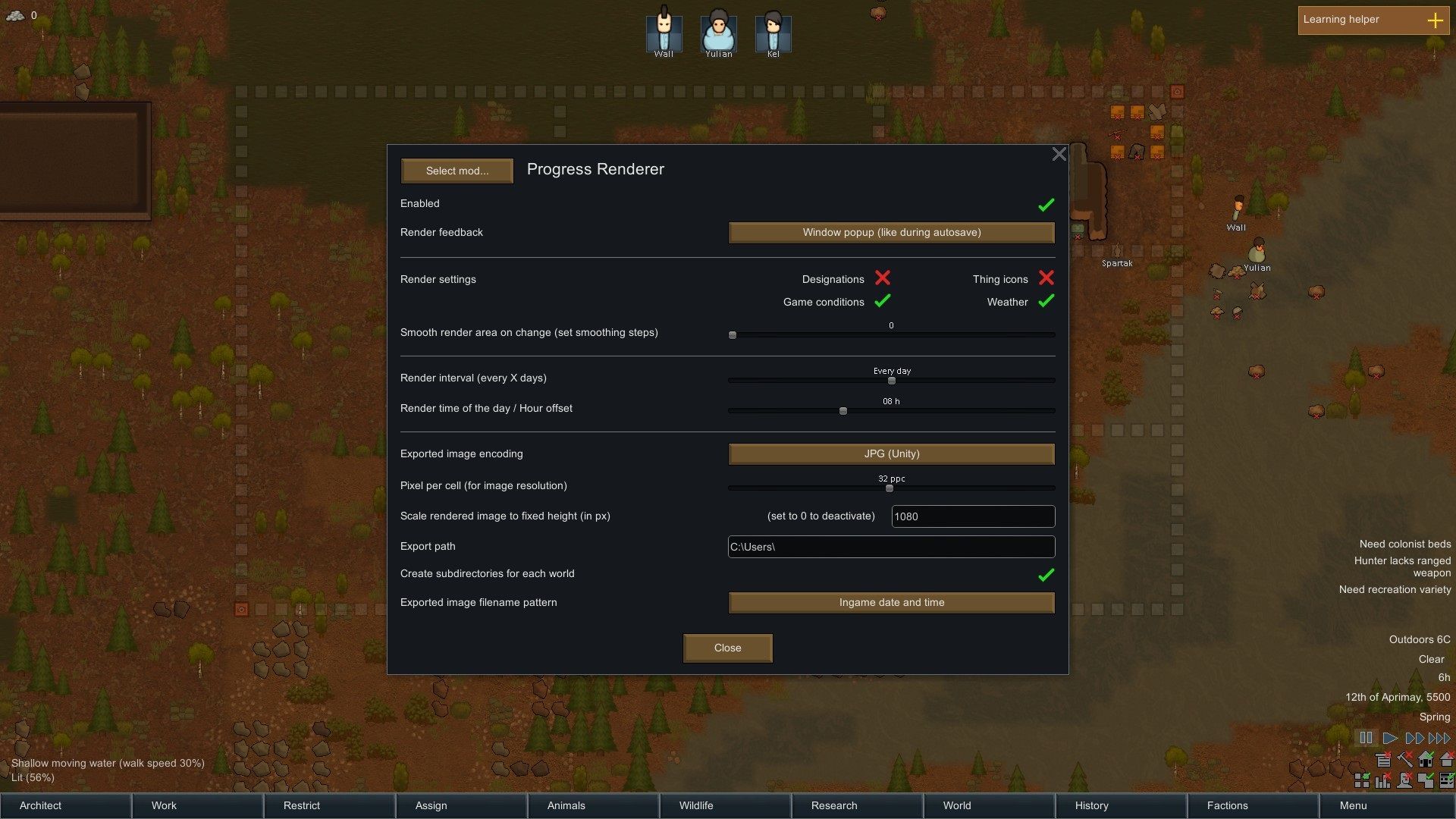 Mod Settings of the Progress Renderer in RimWorld