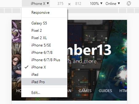 Google Chrome developer tool selecting various mobile devices