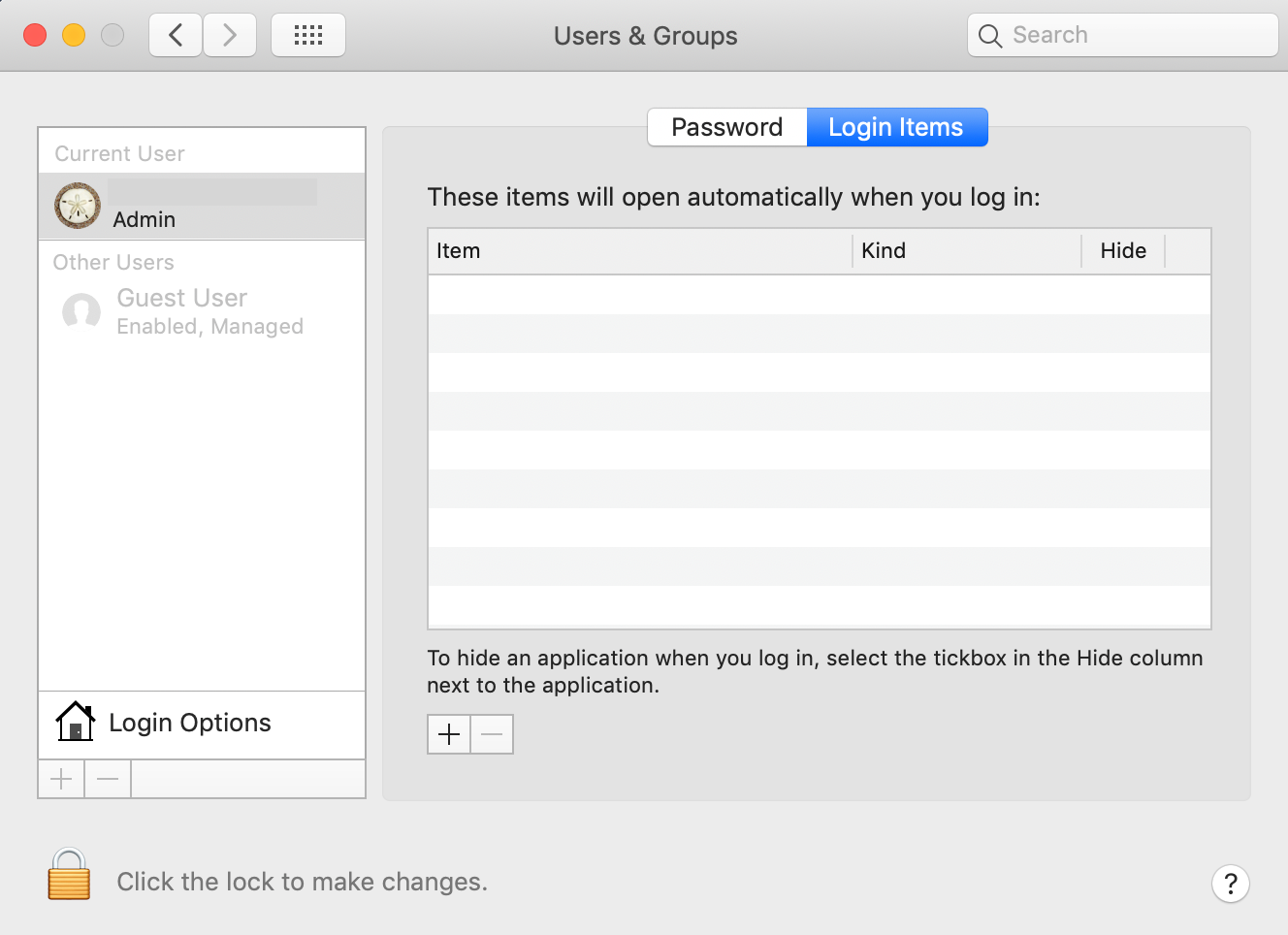 MacOS settings for "Users and Groups" to add autostart items