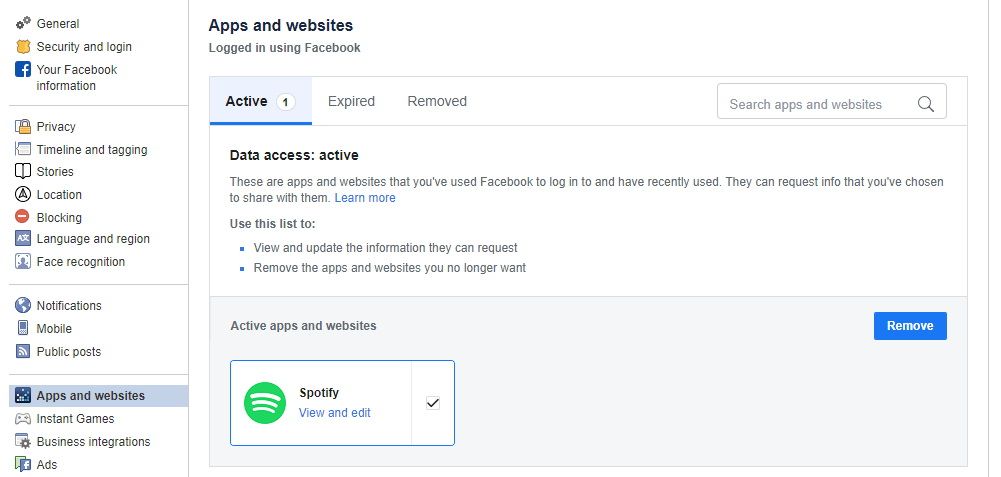 Facebook apps and websites settings to remove spotify