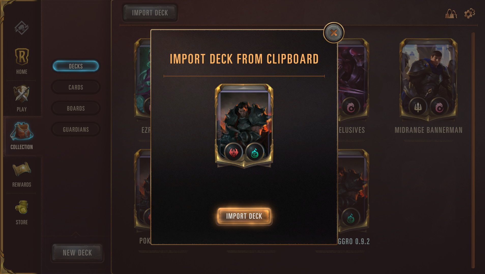 Importing a deck from clipboard in Legends of Runeterra