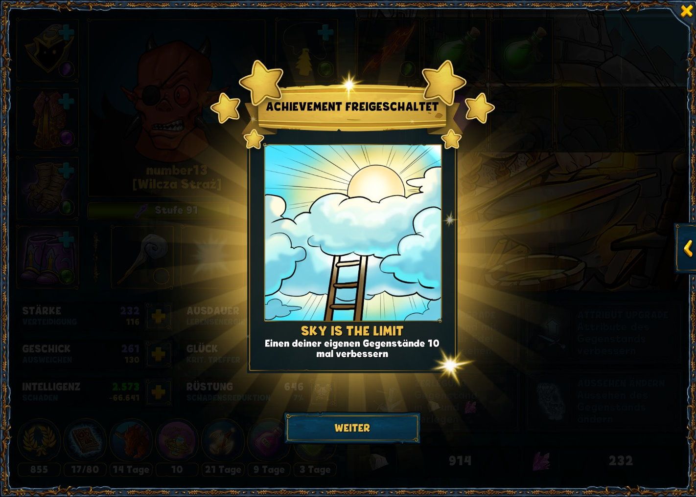 Pop-up for the unlocked achievement "Sky is the Limit" in Shakes and Fidget.