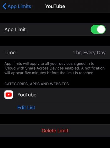 Adding app time limit to YouTube on iPhone
