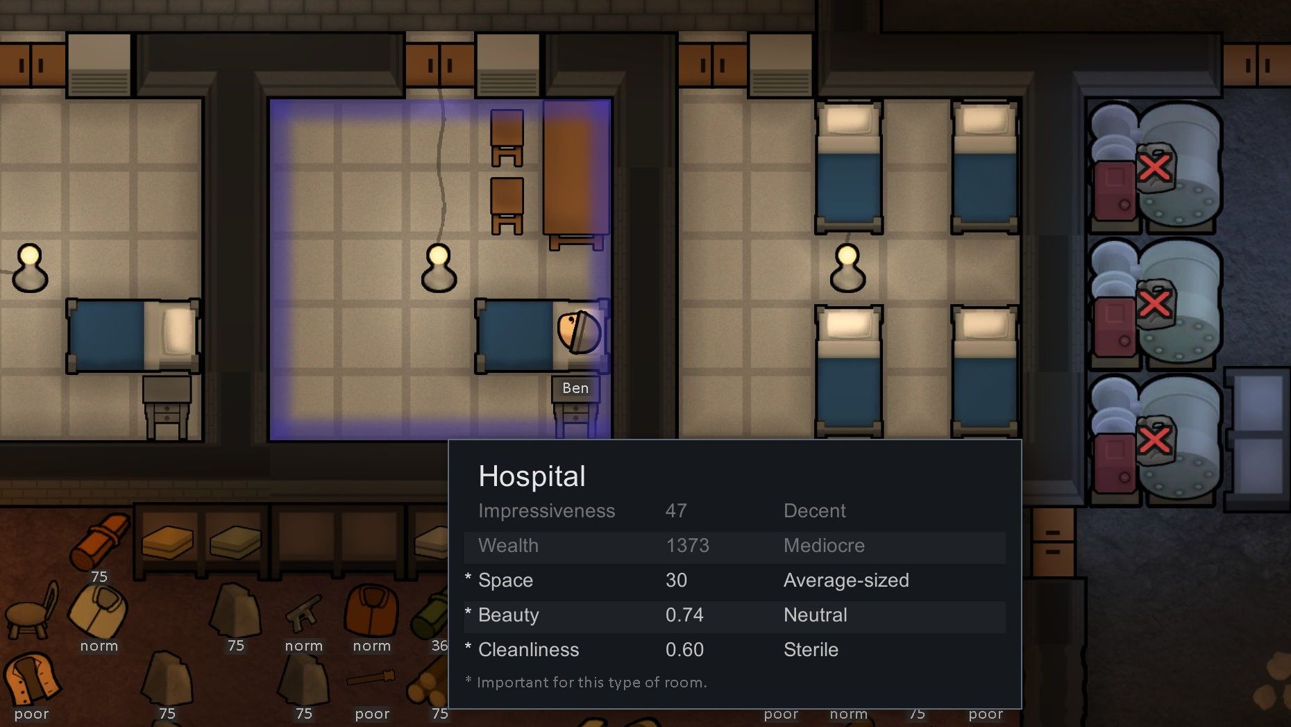 Room stats display of the hospital in RimWorld