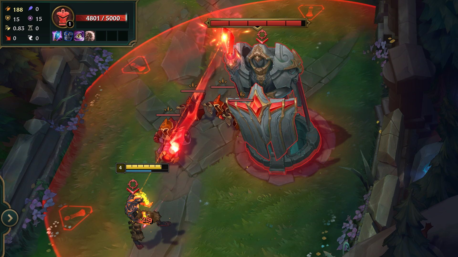 Champion Brand is attacked by the tier 1 tower in League of Legends.