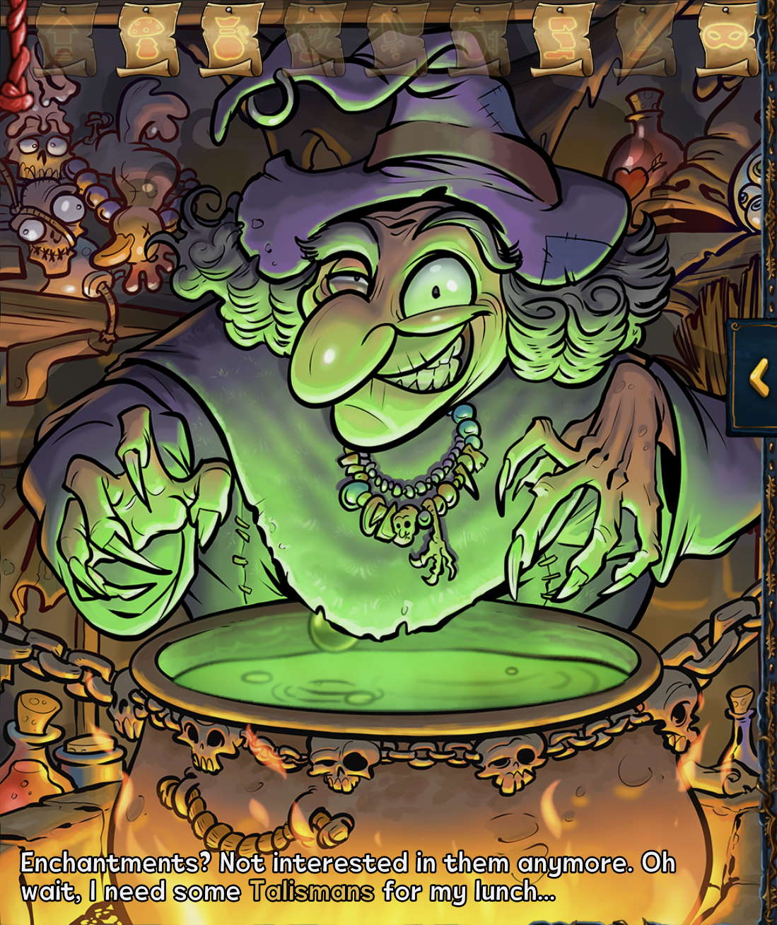 Witch and her cauldron with all unlocked scrolls in Shakes and Fidget