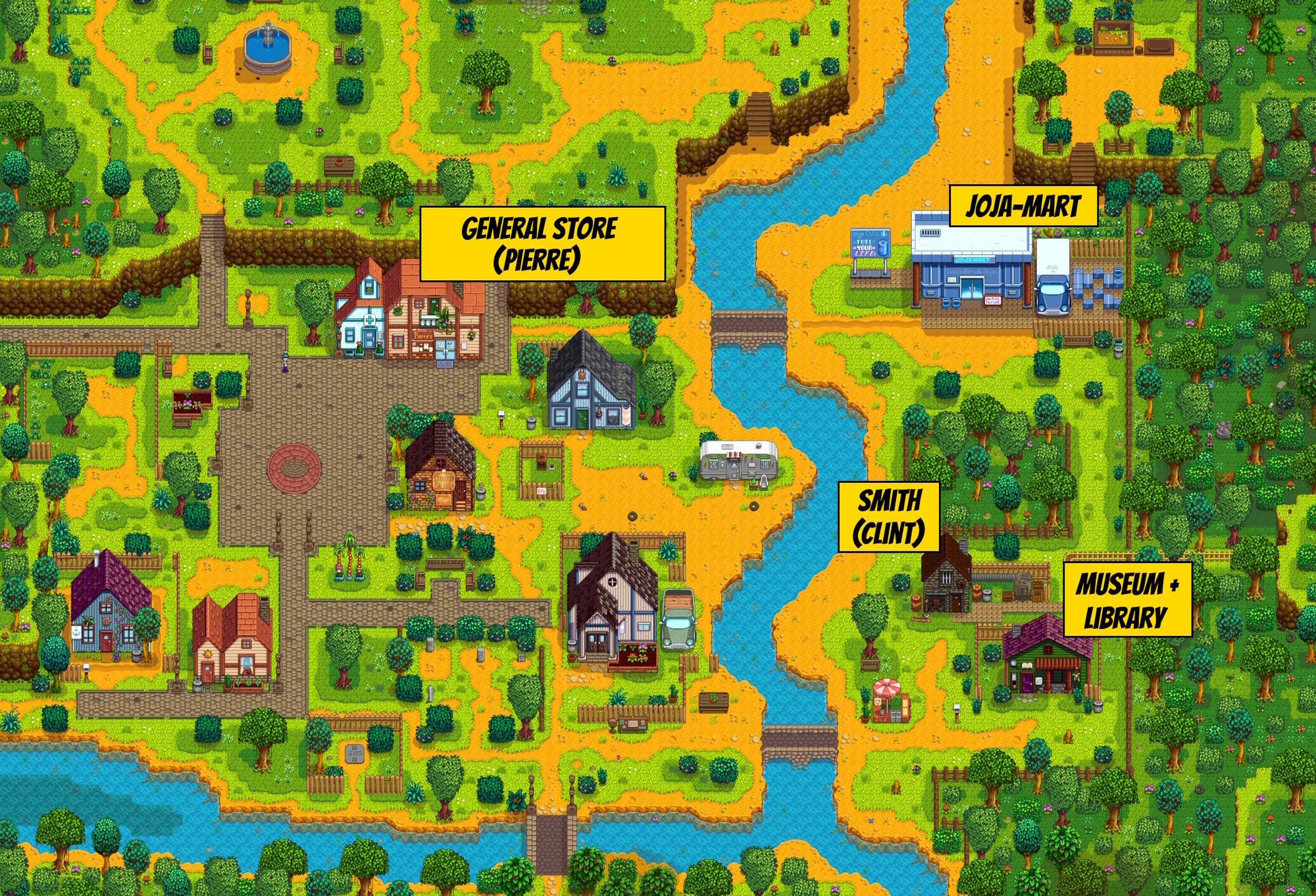 General store, blacksmith, museum and Joja Mart on one map in Stardew Valley