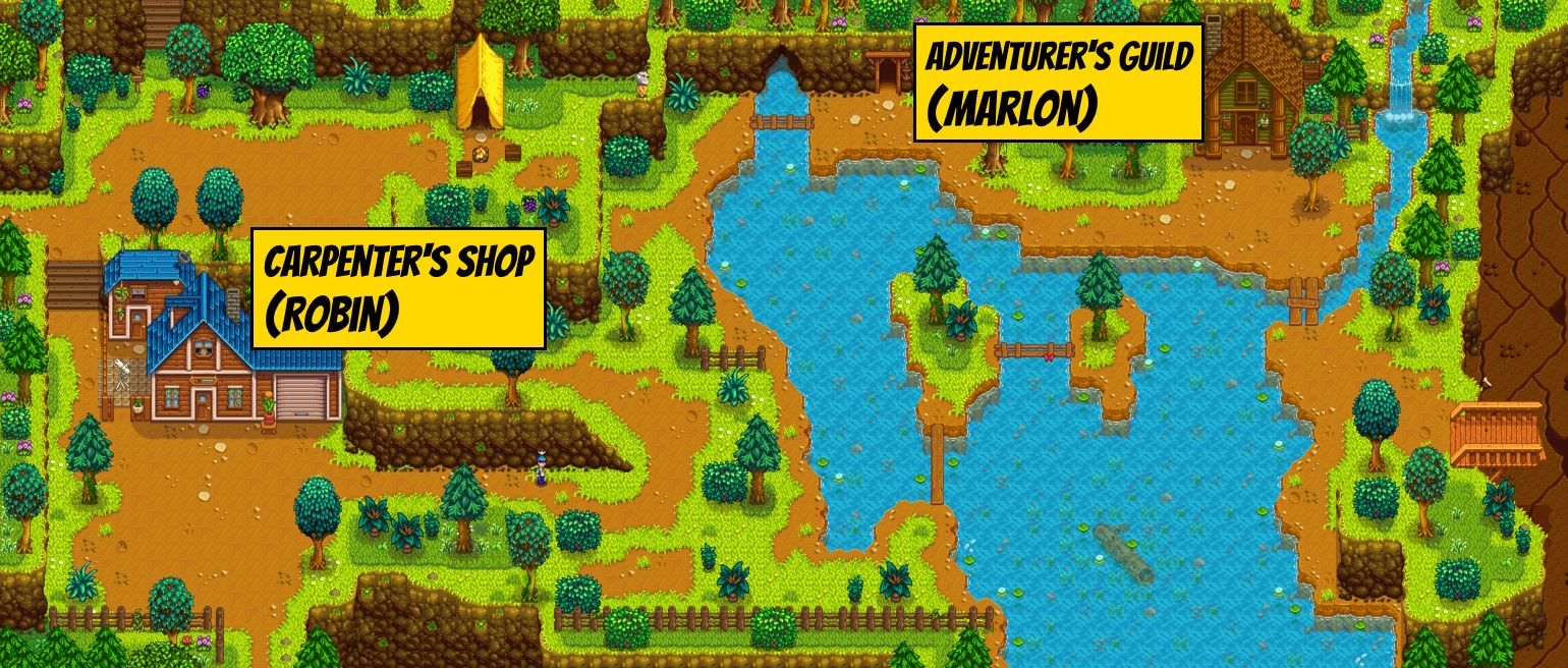Map of the northern town in Stardew Valley with carpenter shop, mine and adventure guild